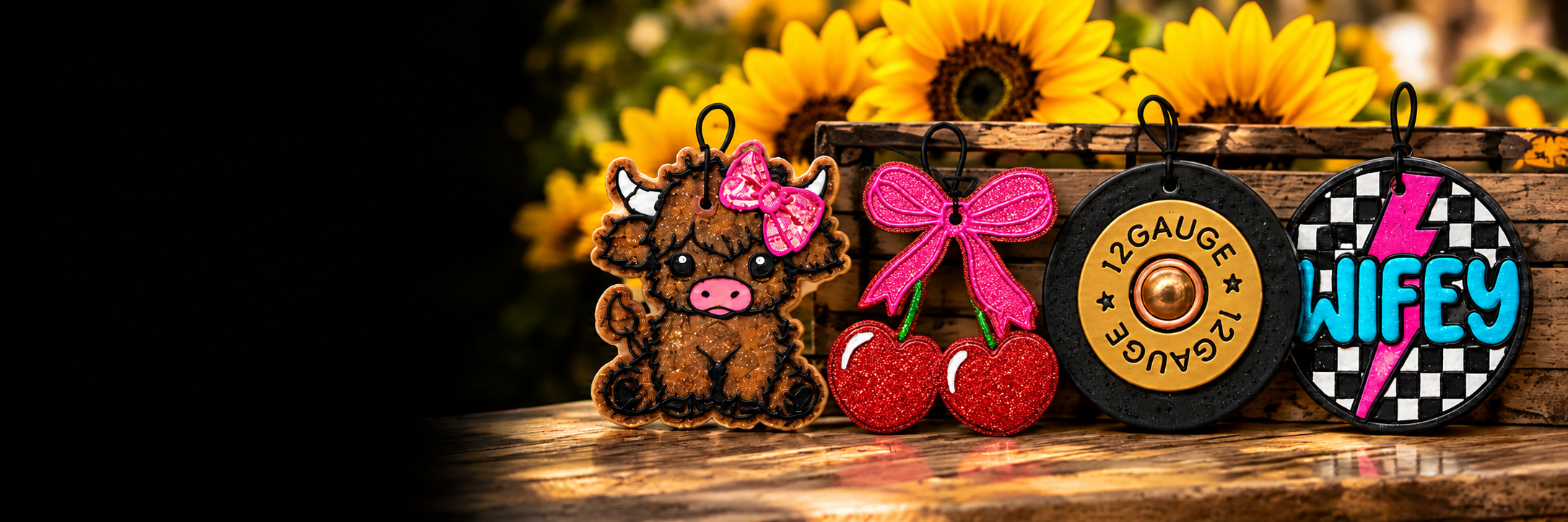 Cow, cherries with pink bow, 12 Gauge and Wifey freshies on a wooden bench with sunflowers